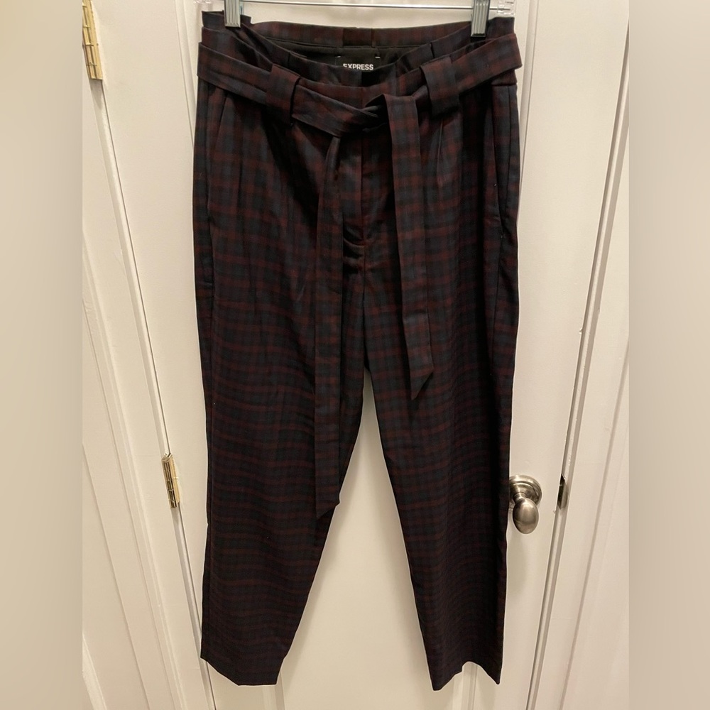 EUC Express Navy and Burgundy Plaid High Rise Ankle Paper Bag Pants/Trou…